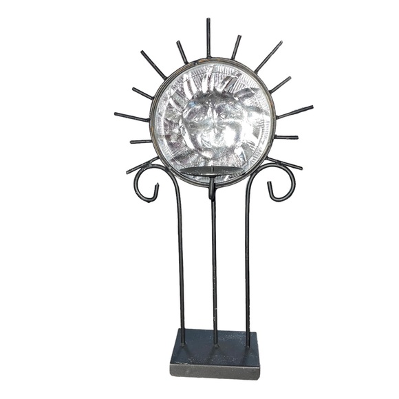 Vintage 1990s Y2K Glass Celestial Sun Face Wrought Iron Candle Holder - Picture 7 of 8